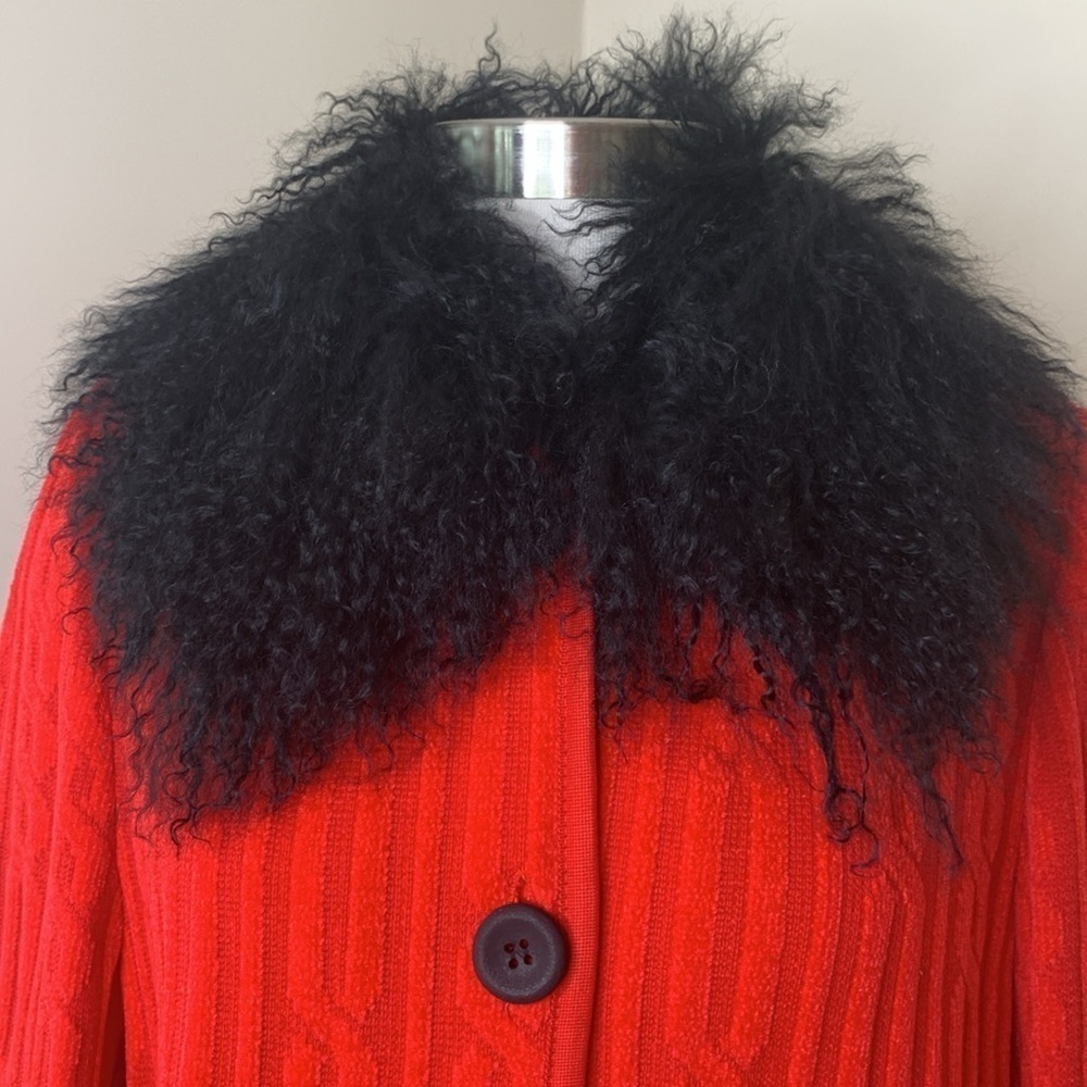 Lola Made in Italy Red Black Cable Knit Fur Collar Duster Cardigan Coat 8 44 - Picture 7 of 17